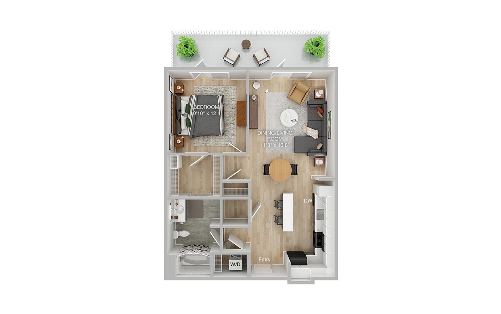 A1B 1 Bed 1 Bath Floorplan