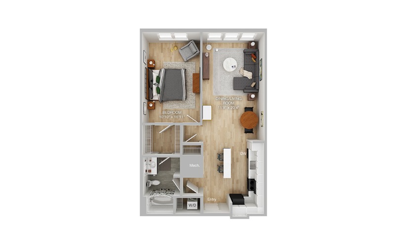 A1-C 1 Bed 1 Bath Floorplan