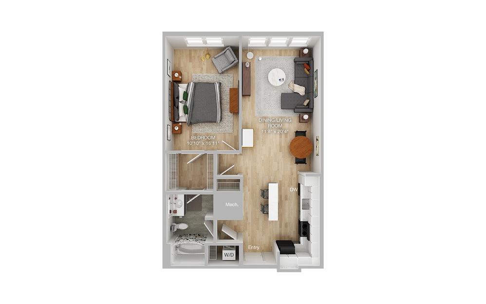 A1-C 1 Bed 1 Bath Floorplan