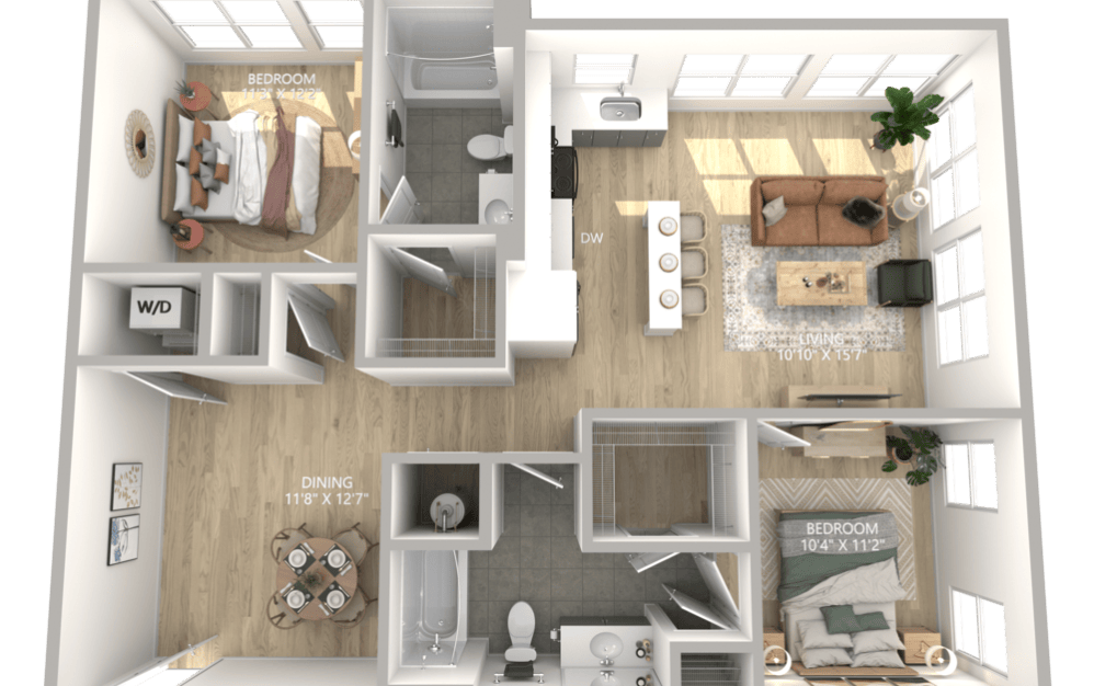 B2 - 2 bedroom floorplan layout with 2 bathrooms and 1120 square feet
